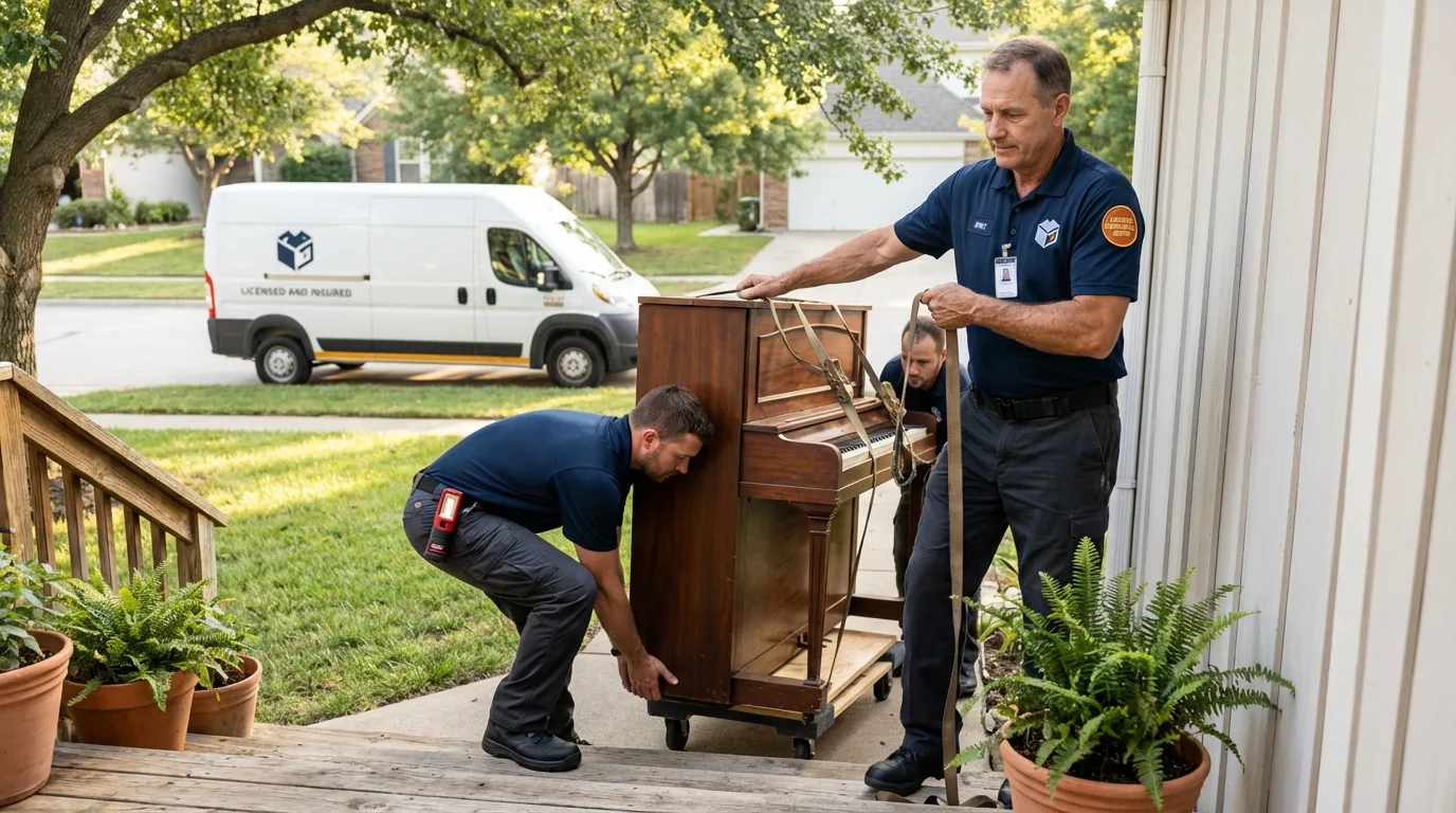 Licensed piano movers securing grand piano in Gig Harbor, WA